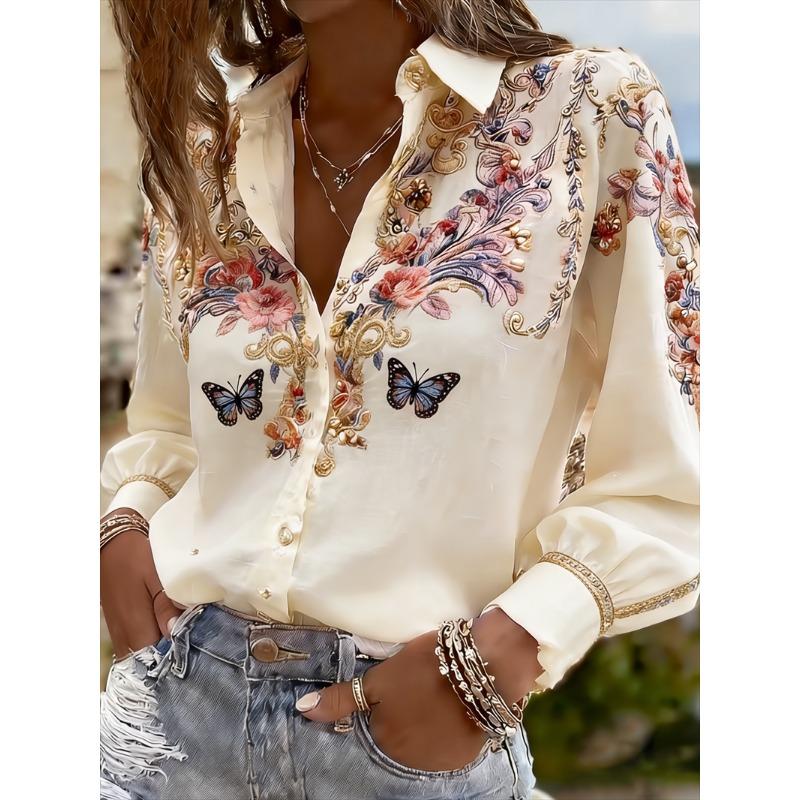 Women's Long Sleeved Shirt with 3D Flower Print and Tree Branch Pattern On the Lapel, Comfortable Men's Top