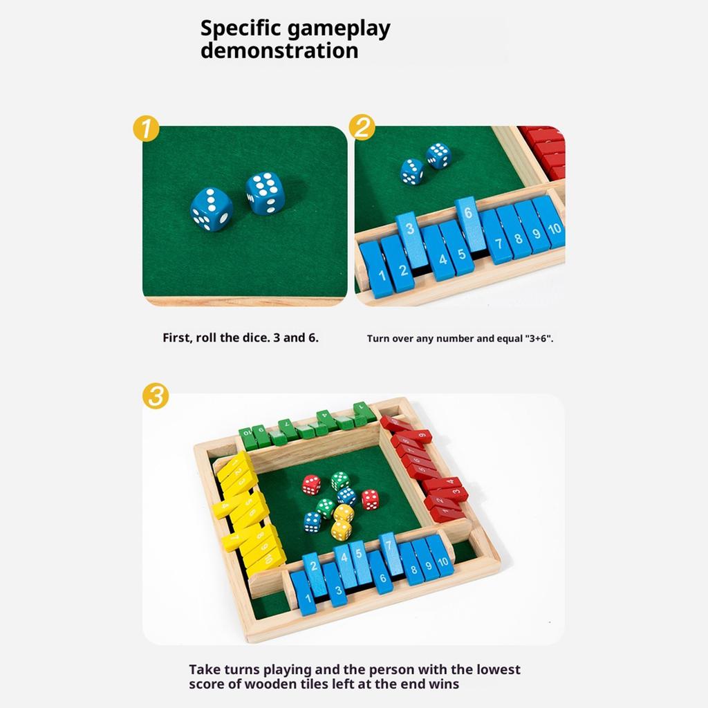 Portable Wooden Shut The Box Dice Board Game 4-Sided Flip Card Classic Wooden Game Educational Puzzle for Families and Parties