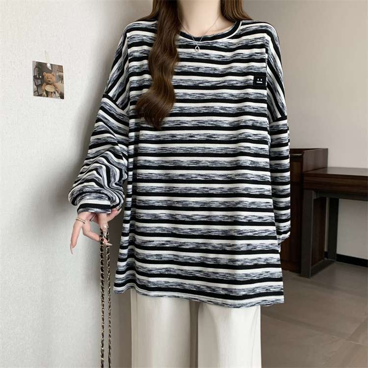 

Женские футболки больших размеров с длинным рукавом на весну и осень, винтажные полосатые свободные повседневные топы оверсайз с круглым вырезом L