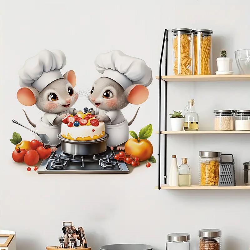 Topo Carino Cartone Animato con Torta Adesivo Murale per Cucina Sala da Pranzo Autoadesivo Rimovibile Impermeabile Decorazione Murale per la Casa Arte