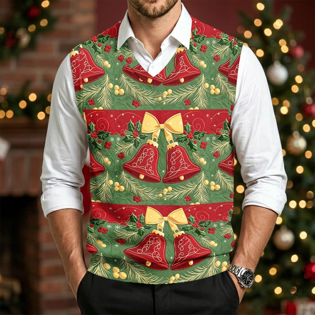 Herren Woll V-Ausschnitt Strickweste, Ärmelloser Pullover mit Weihnachtsdruck für den Feiertags-Pendelverkehr