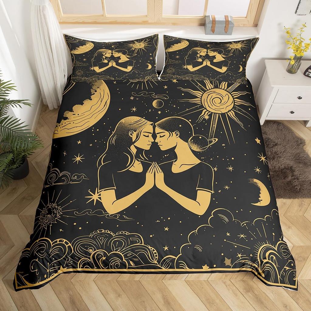 Libra Zodiac Duvet Cover Constellation Theme Bedding Set Twin,Western Boho Exotic Style 12 Horoscope Astrology Comforter Cover