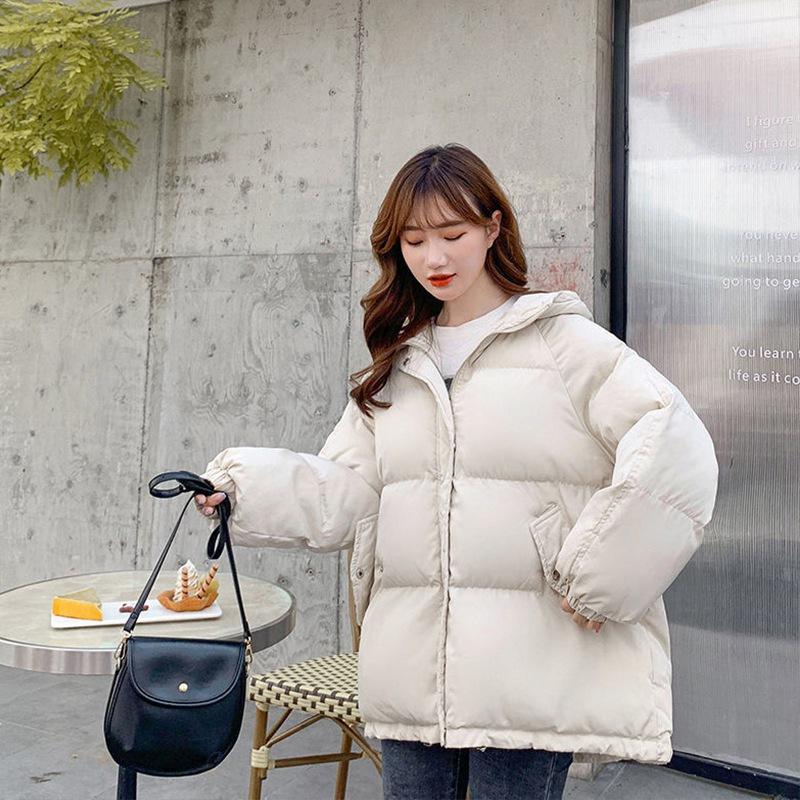 Jachetă de iarnă din bumbac cu glugă pentru femei Parka scurtă, haina caldă, rezistentă la vânt, jachetă îngroșată de puf, culoare solidă