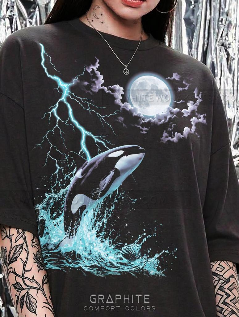 Orca Killer Whale Marine Wildlife Ocean Nature Comfort Colors® Tshirt, Lightning Storm Full Moon Vintage Bootleg 90s Graphic Y2K Tee