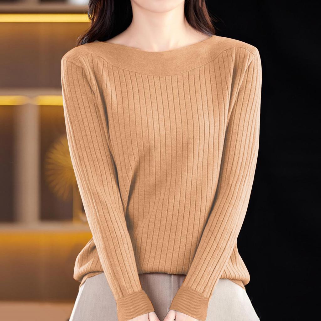 Women's Casual Round Neck Knitted Long Sleeve Undershirt One-Shoulder Sweater