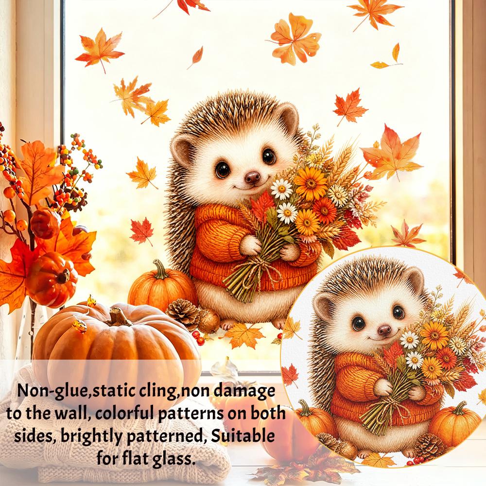 1pcs Fall Cute Ghost Hedgehog Static Window Clings, Thanksgiving Halloween Pumpkin Maple Leaf Window Stickers, No Glue Reusable