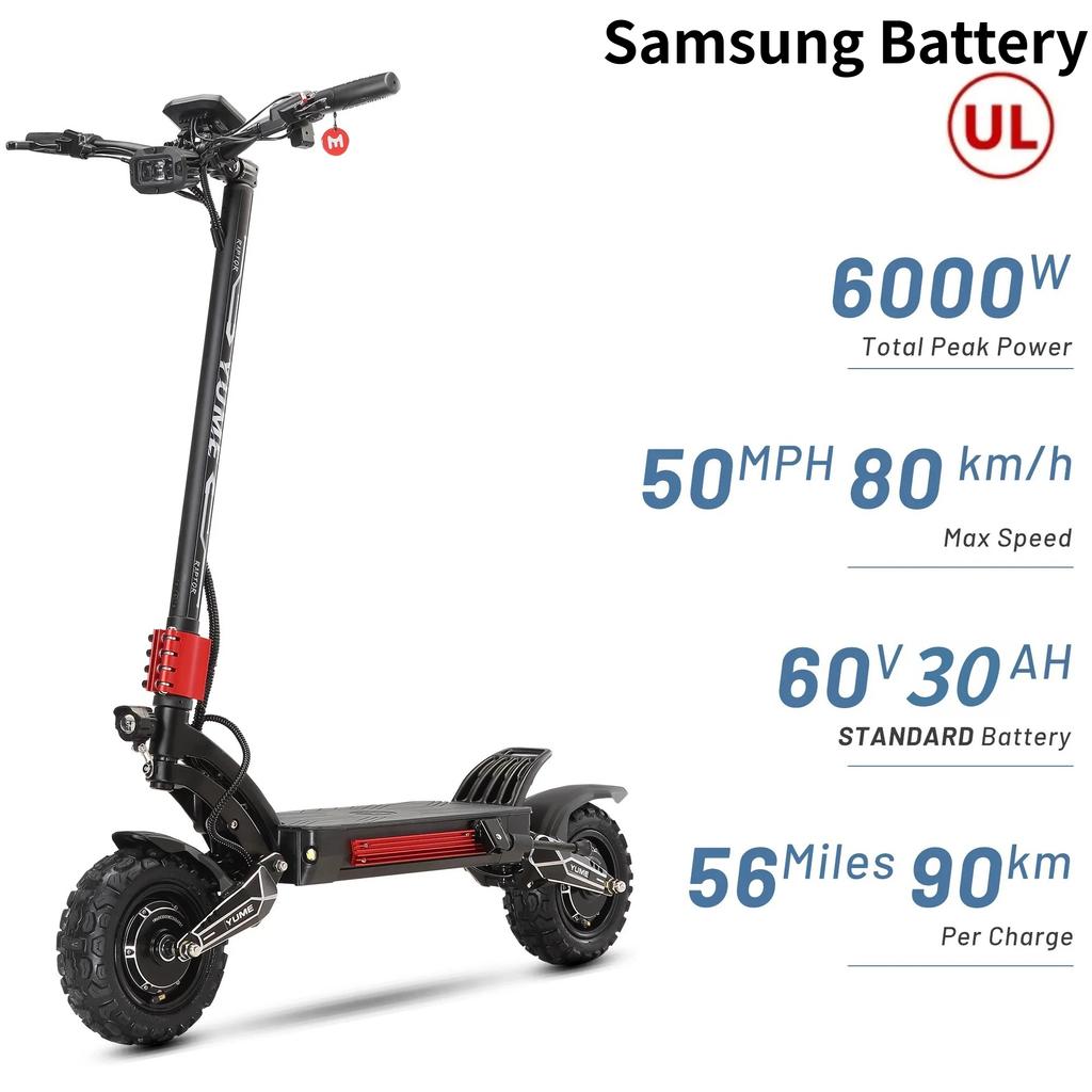 YUME Raptor Elektrická koloběžka 60V30AH 6000W Duální motor 11palcové terénní pneumatiky Maximální rychlost 80 km/h pro dospělé E-koloběžky s Bluetooth