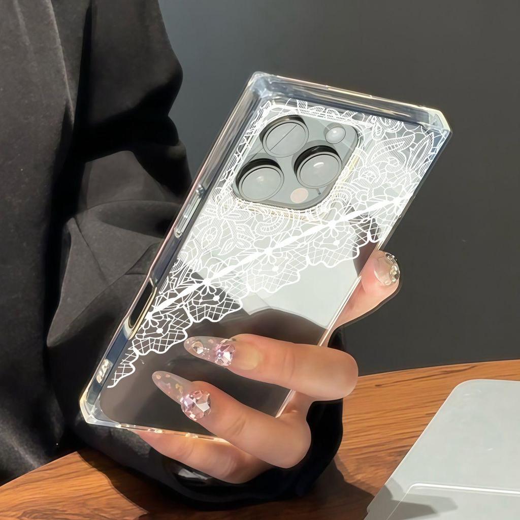 Clear Square Back Tube Case Protection For iPhone 13 12 11 16 ProMax 15 Plus 14 Pro Max Anti-Oxygen,White Lace with Tangled Net Pattern Casing