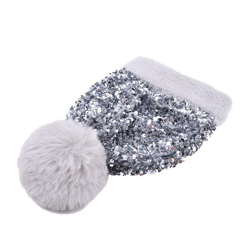 Gestrickte Beanie-Mütze mit Pailletten und großem Kunstfell-Pompon für Damen, Wintermütze
