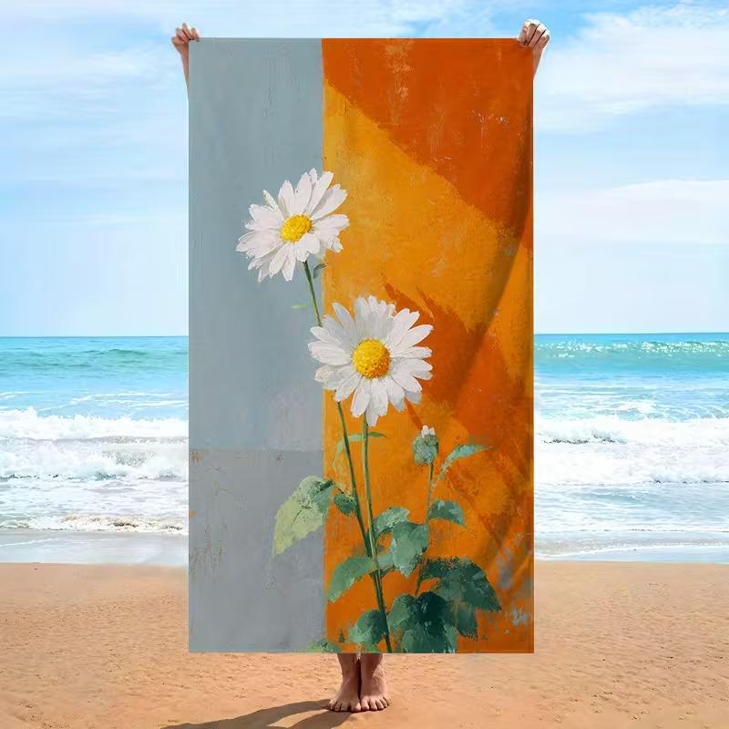 Retro Boho Flower Striped Beach Towel Minimalist Floral Art Print Quick Dry Absorbent Sand-Free Towel for Summer Beach Daily Use