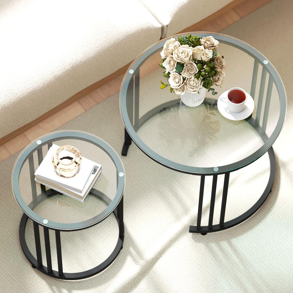 Round Coffee Tables Set Of 2 Nesting Tables With Tempered Glass Top And Steel Frame Black