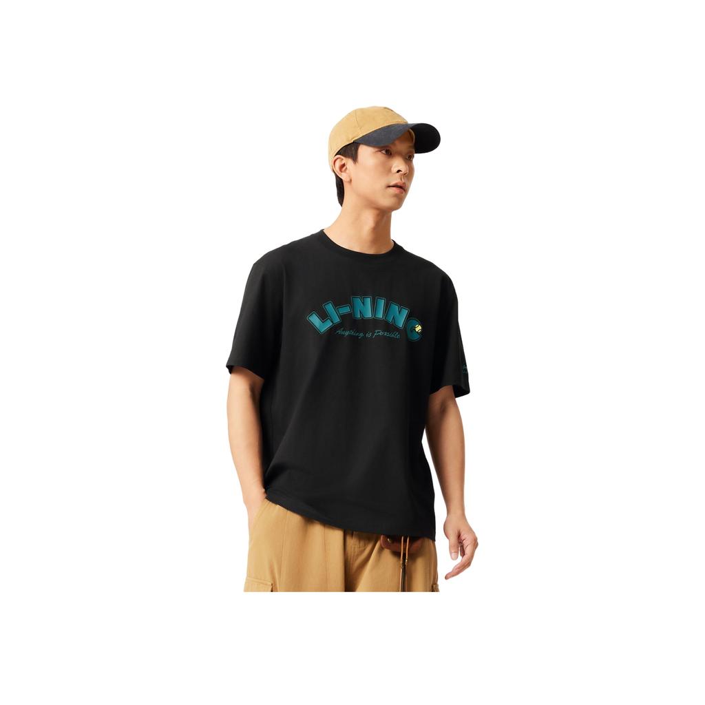 Li Ning Sports Trend Series Casual Minimalist Solid Color Round Neck Pullover Letter Short Sleeve T-Shirt Men T-Shirts Black AHSV683-3