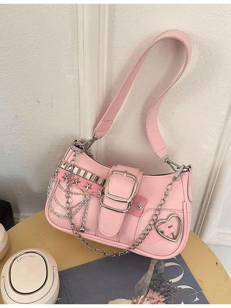 Y2K Sweet Cool Women's Underarm Bag Hot Girls Pink Shoulder Bags Messenger Bag Retro Design Female Chain Purse Armpit Handbags