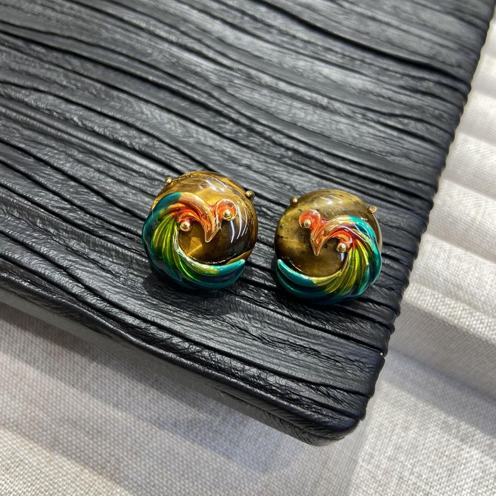Maillard Tiger Eye Enamel Oil Painting Exquisite Hand-Painted Peacock Stud Earrings Copper Plated Real Gold Light Luxury Animal Earrings Batch