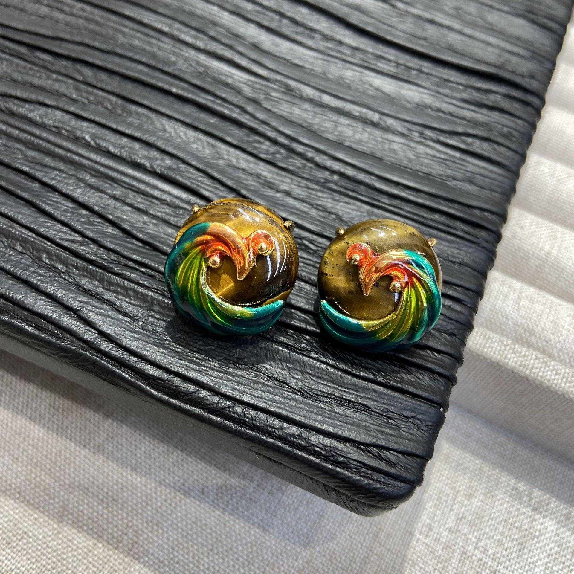 Maillard Tiger Eye Enamel Oil Painting Exquisite Hand-Painted Peacock Stud Earrings Copper Plated Real Gold Light Luxury Animal Earrings Batch