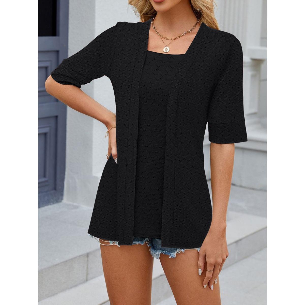 

Spring Summer Women s Loose Short Sleeve T-shirt, Solid Color Collarless Fake Two-piece Patchwork Casual Top for Women European American Cross-border XXL чорний