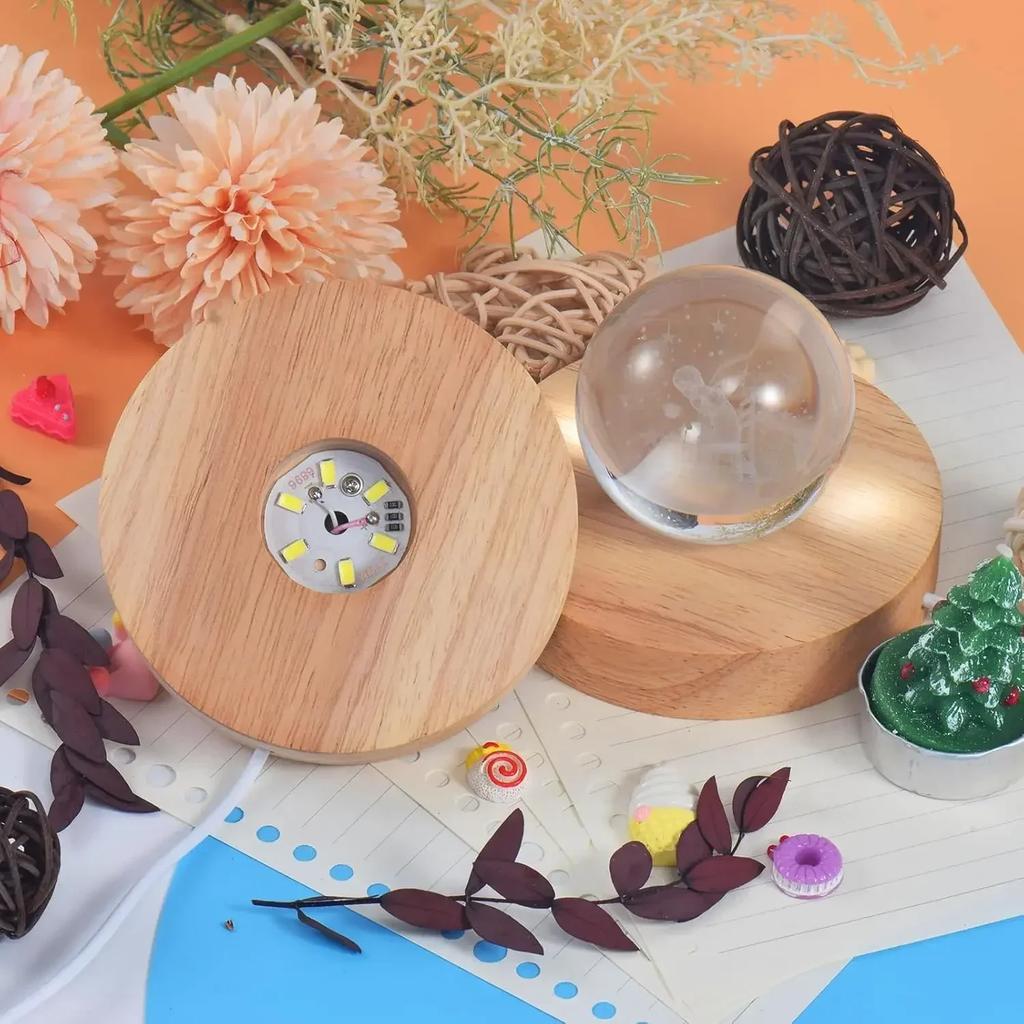 Wooden LED Display Base Light Luminous USB Lamp Holder for Crystal Ball Glass Resin Art Ornament Stand Decor Kids Gifts