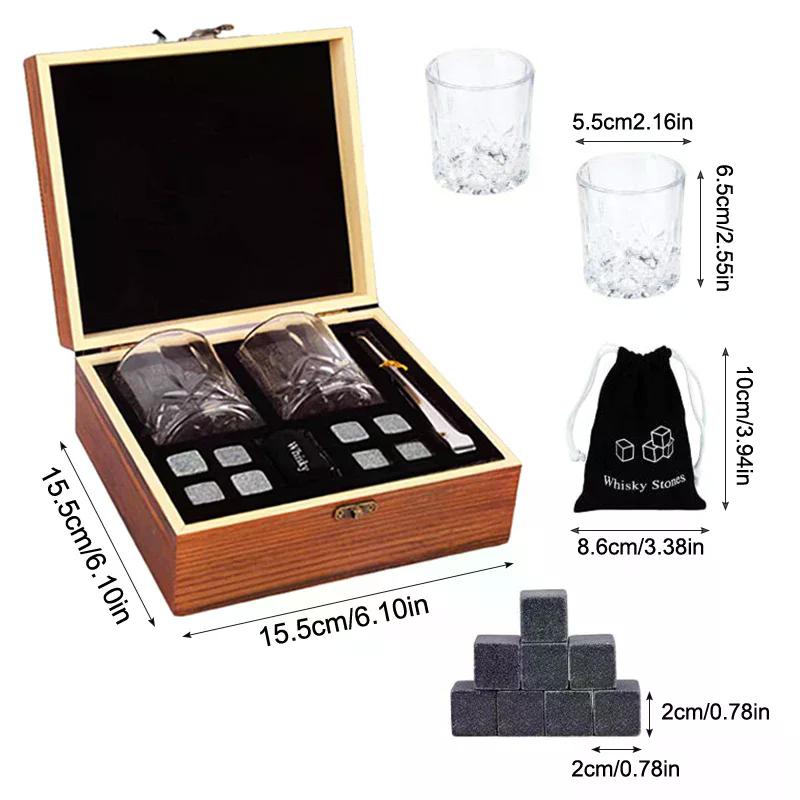 Dárek ke Dni otců pro muže Sada kamenných kostek na whiskey 8 ks Žulové kostky ledu + 2 ks sklenic na whiskey v dřevěné krabičce Dárek pro tátu