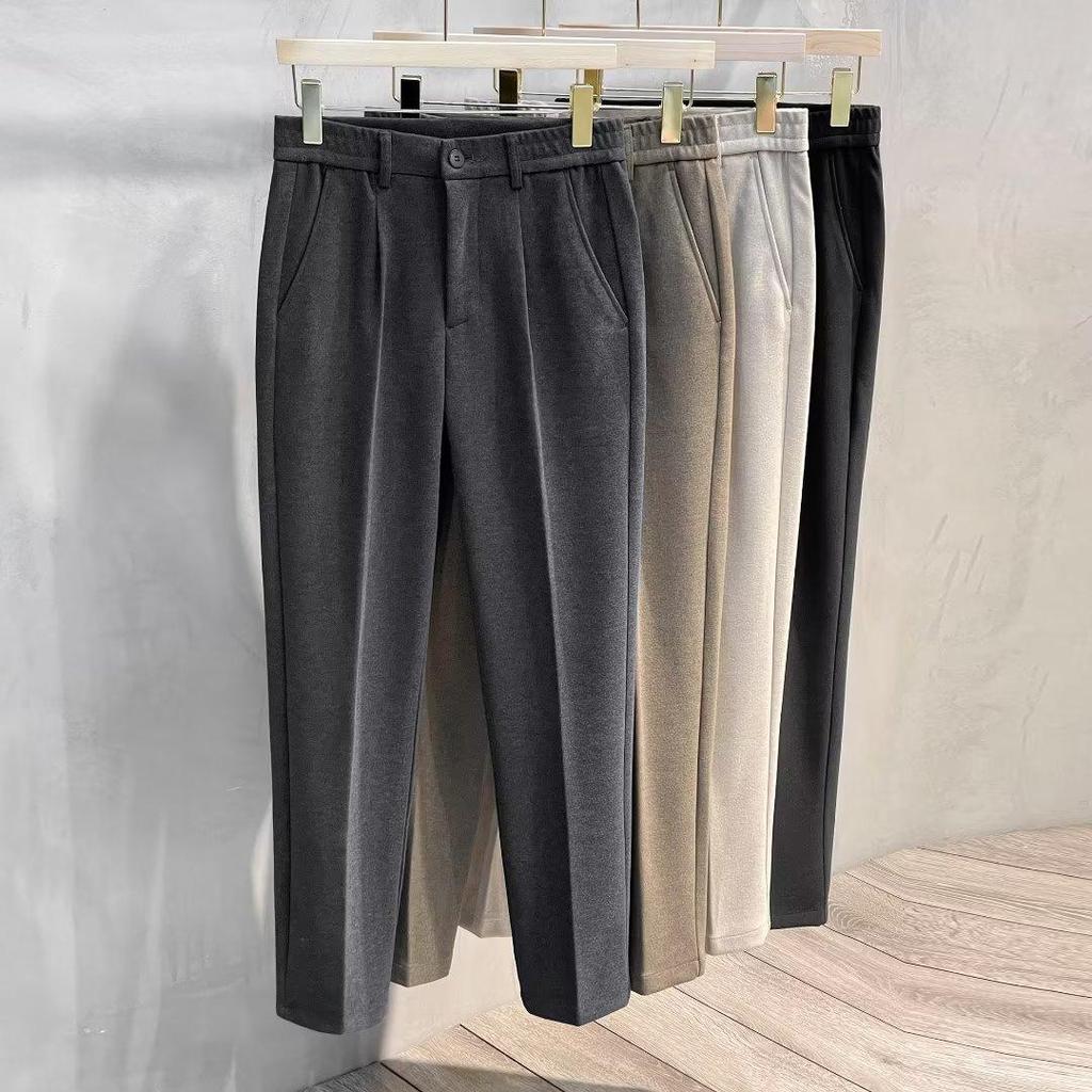 Autumn Winter Suit Pants Men Thick Business Elastic Waist Classic Grey Brown Woolen Straight Formal Trousers