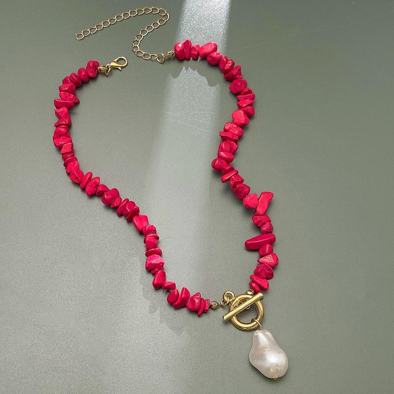 Vintage Irregular Stone Bead Necklace for Women Temperament Irregular Imitation Pearl Pendant Adjustable Clavicle Chain Zircon