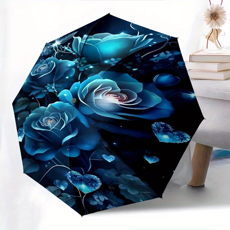 Blue Roses, Glowing Hearts Automatic folding umbrella  simple eight rib design, bright color pattern, durable iron frame, ideal for travel a