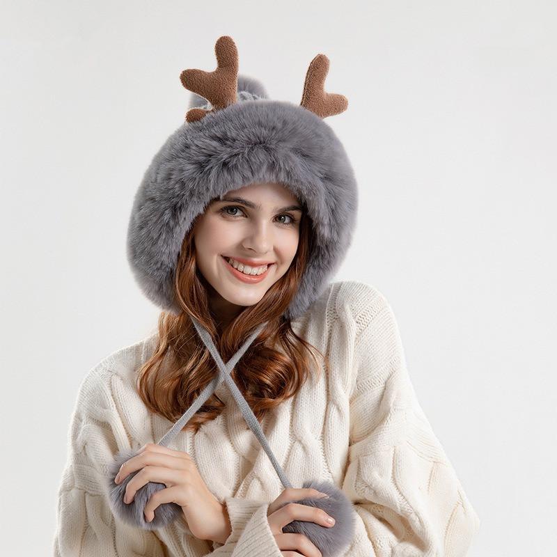 Winter Cute Warm Knitted Hats for Women Cartoon Cat's Ears Two Balls Earflap Cap Plush Fluffy Thicken Warm Fur Beanie Hat Female