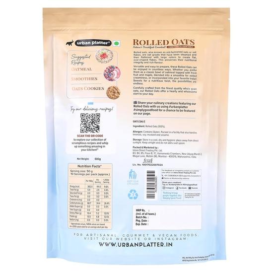 Urban Platter Płatki owsiane, 500g (Płatki owsiane pełnoziarniste | Wysoka zawartość błonnika i białka | Płatki śniadaniowe I Płatki owsiane tradycyjne)