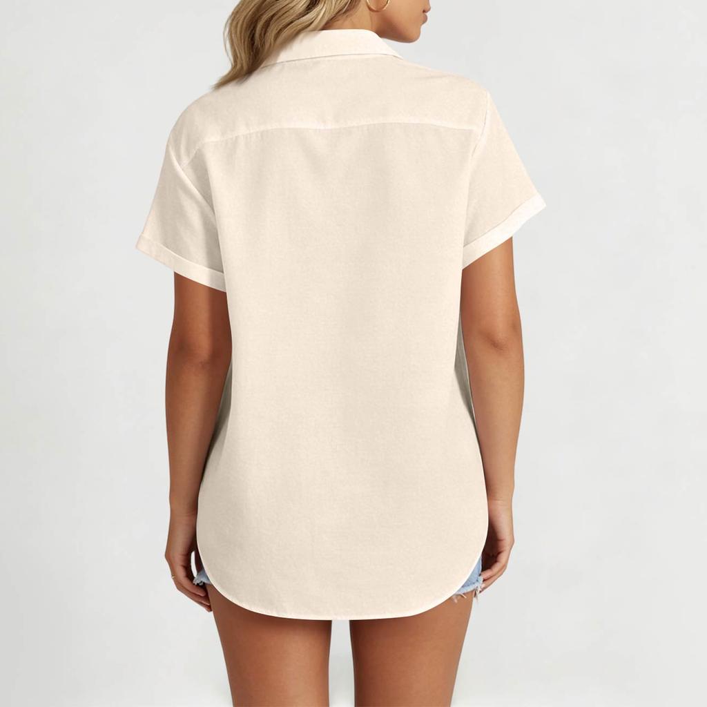 Women's Summer Short Sleeve Blouse with Collar - Color Button Up Relaxed Fit