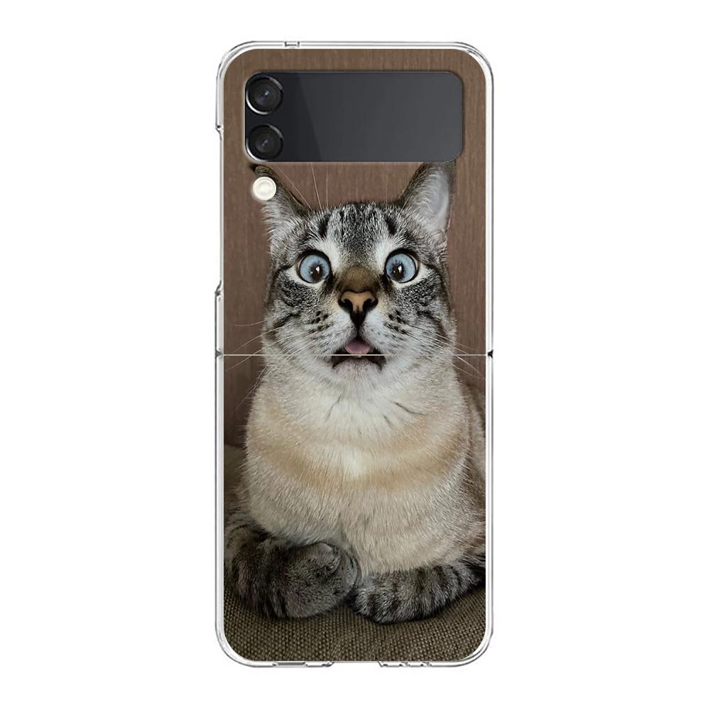 Transparent Phone Case For Samsung Galaxy Z Flip 3 4 5 6 7 Hard Folding PC Z Flip3 Flip4 Cover Funny Cartoon Korean Cat Couple