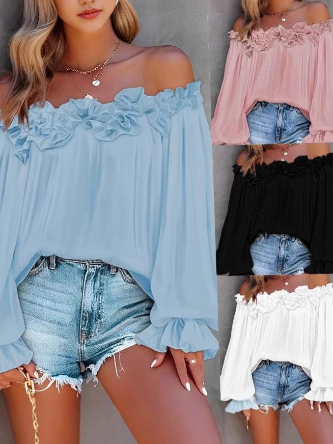 

2025 Elegant European & American One-Shoulder Ruffle Long-Sleeve Shirt for Women 5XL небо синє кольору