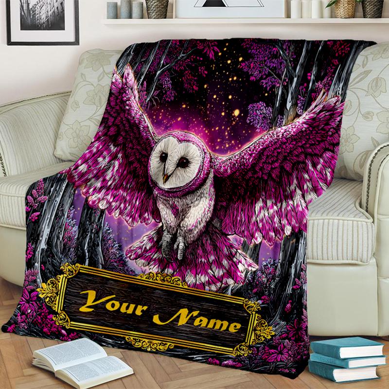 1PC Custom Name Purple Owl Forest Flannel blankets Patterns Throw Blanket All-Season Soft Gift for Couch, Bed, Camping gifts