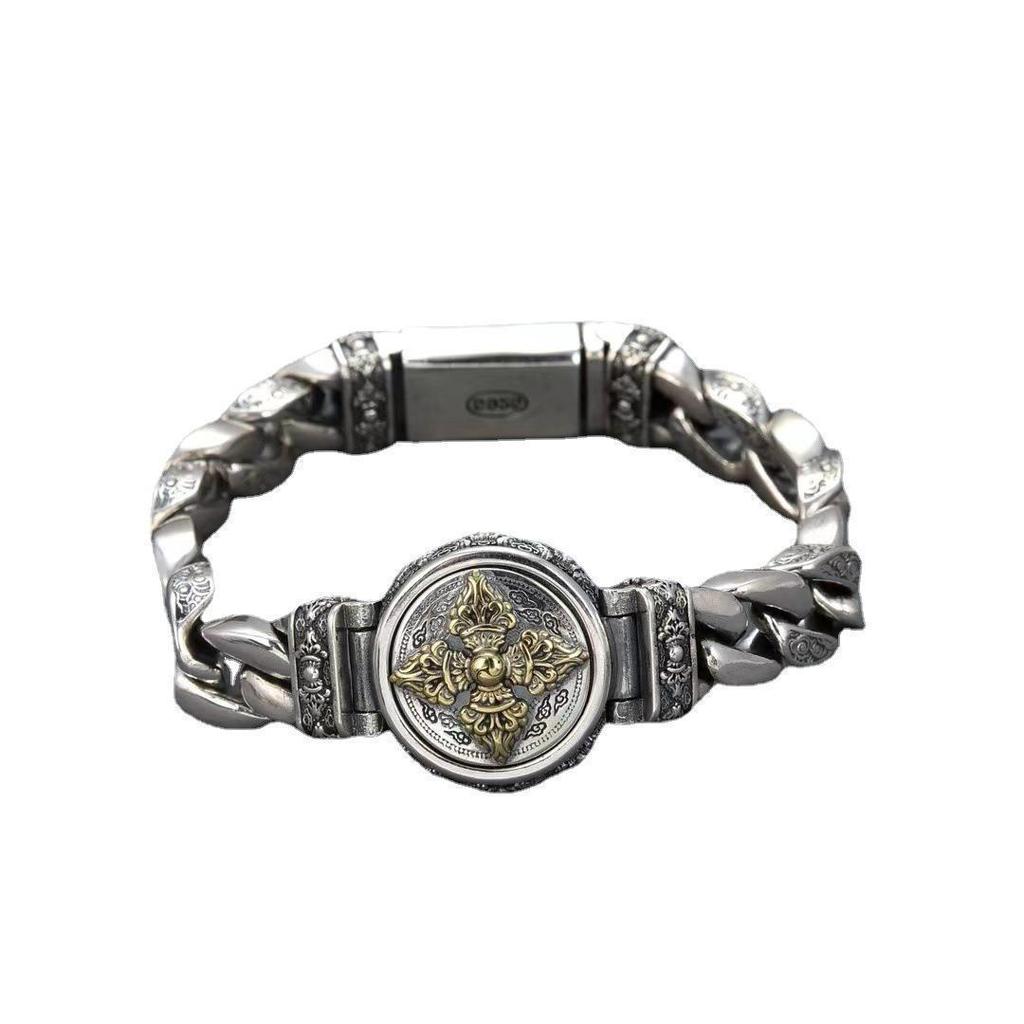 Vajra Silver-Plated Rotatable Bracelet: Ethnic Style with Retro Charm and Trendy Personality for Men
