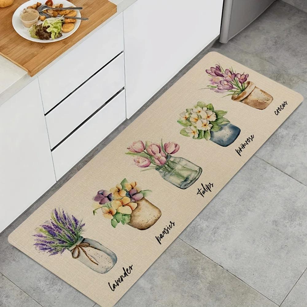 Aquarellblume Küchenbodenmatte Tulpendesign Ultraweich Waschbar Rutschfest Fleckenbeständig Matte für Küche Schlafzimmer Heimdekoration