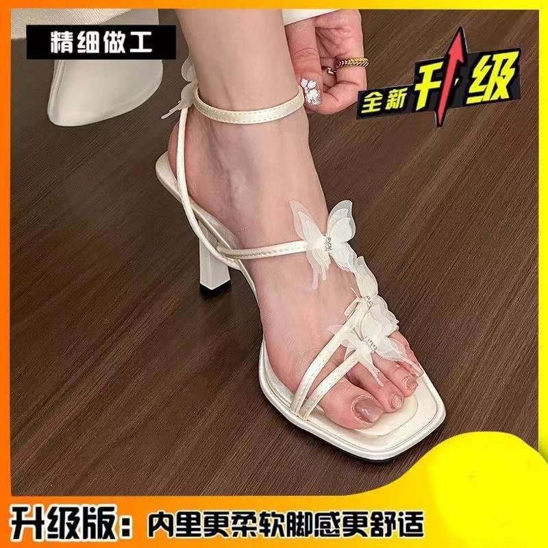 Temperament Bow Strap High Heels Female 2025 Summer New Square Head One-word Strap Stiletto Roman Sandals Fairy