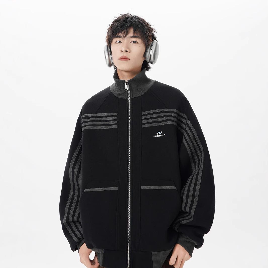 

Vintage Contrasting Splicing Sports Cardigan Jacket Stand-up Neck Sweater M