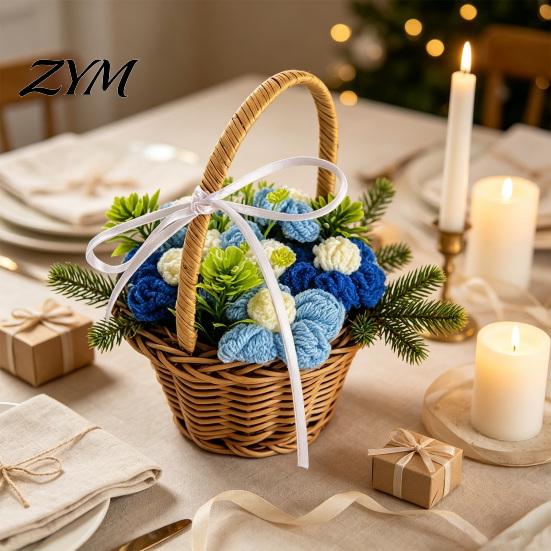 Artificial Flower Arrangement for Desk Hand Knitted Wool Basket, Decorative Mini Crocheted Floral with Simulation Art Home Ribbon, Plant Ornament
