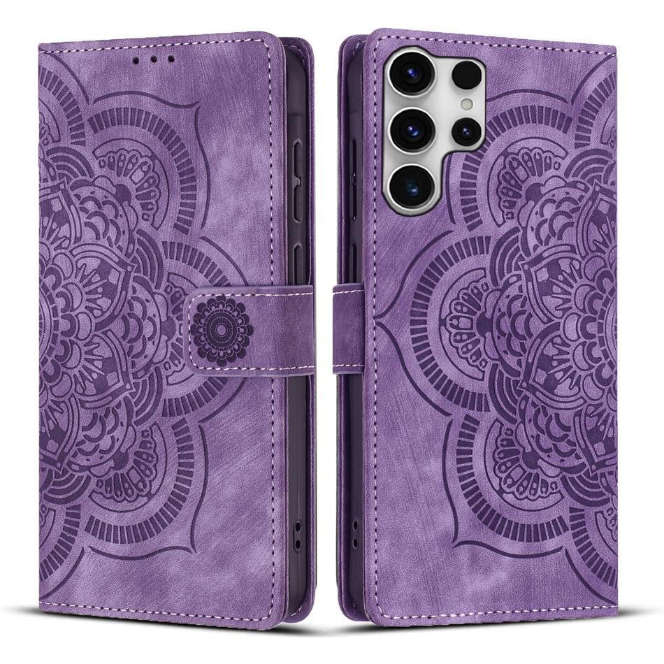 

For Samsung Galaxy S25 Ultra Leather Case WANLONFENG HDM Series Mandala Imprint Wallet Stand Phone Cover Purple