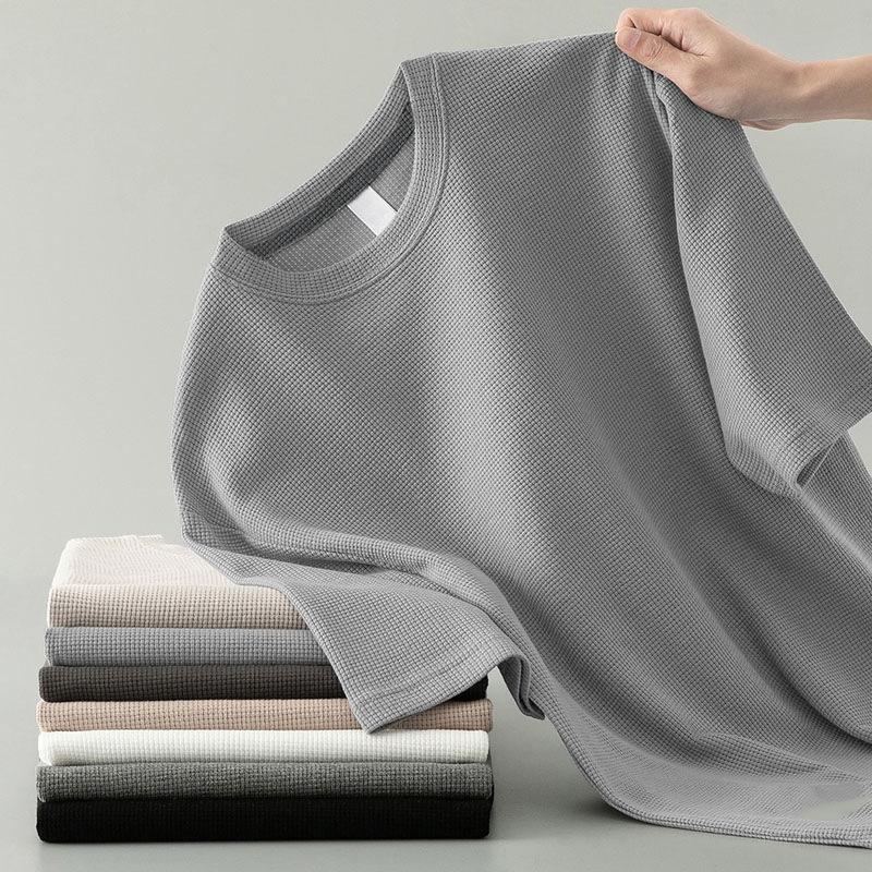 Waffle Round Neck Short Sleeved Men's Top Summer New Ice Silk Thin Style Solid Color Retro T-shirt