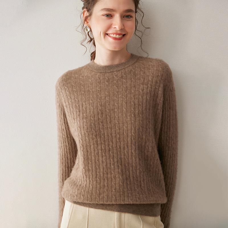 Women's Cashmere Round Neck Cable Knit Sweater - Soft, Comfortable, and Versatile for Autumn and Winter