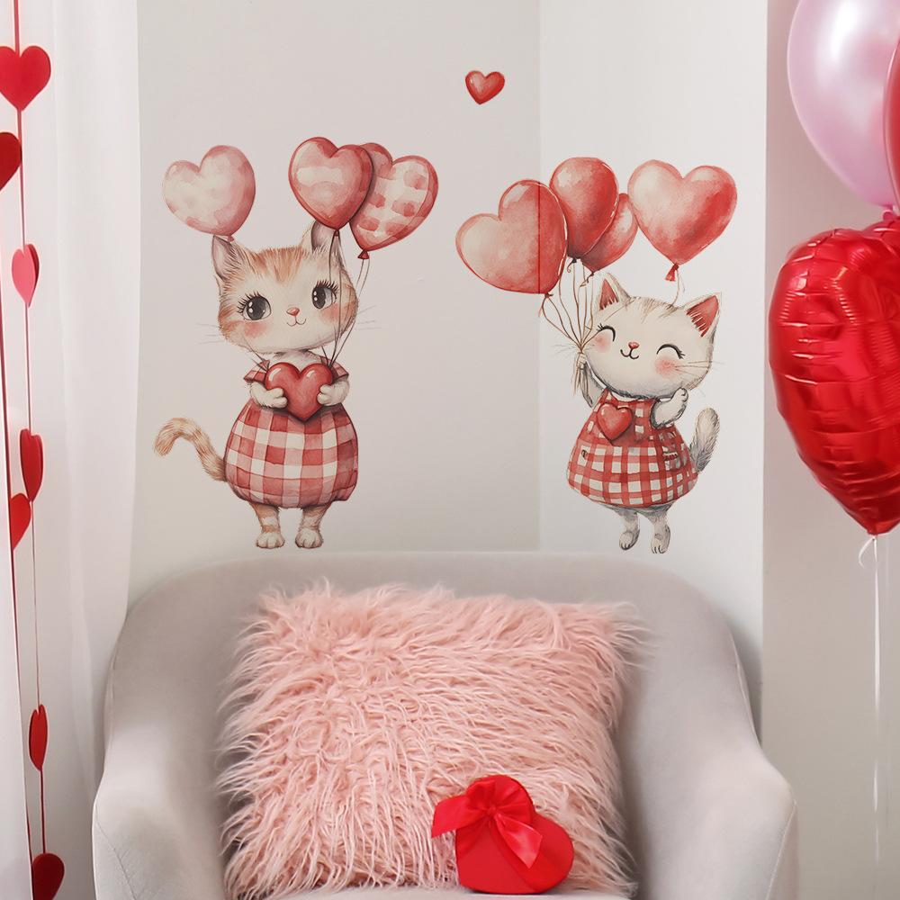 Cartoon Cute Little Cat Heart Balloon Bedroom Living Room Entrance Hall Home Background Beautification Wall Stickers