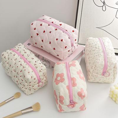 Floral Heart Print Cotton Makeup Bag For Women Travel Large Capacity Cosmetic Storage Bag Wash Pouch Student Stationery Pen Bag