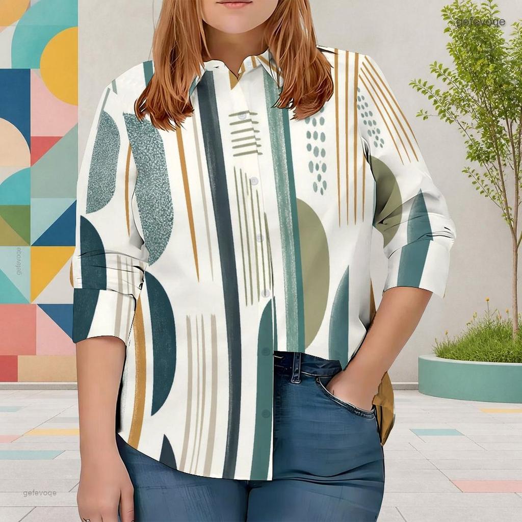 Women Plus Size Printed Collared Long Sleeve Shirt Button Front Curved Hem Pink Black White Gray