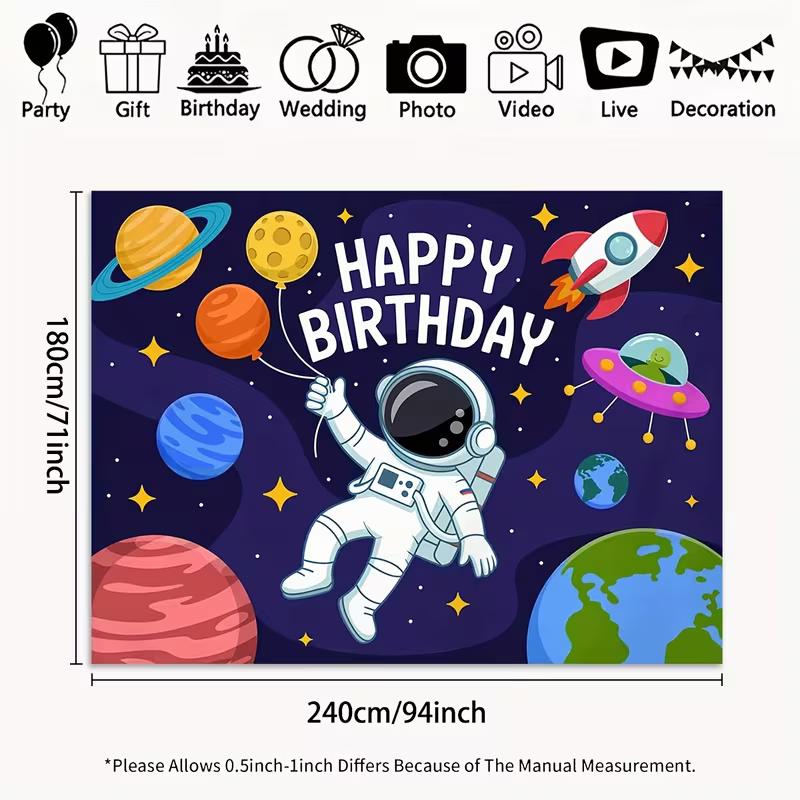 2D Astronaut Space Happy Birthday Backdrop Kids Birthday Party Photography Background Banner