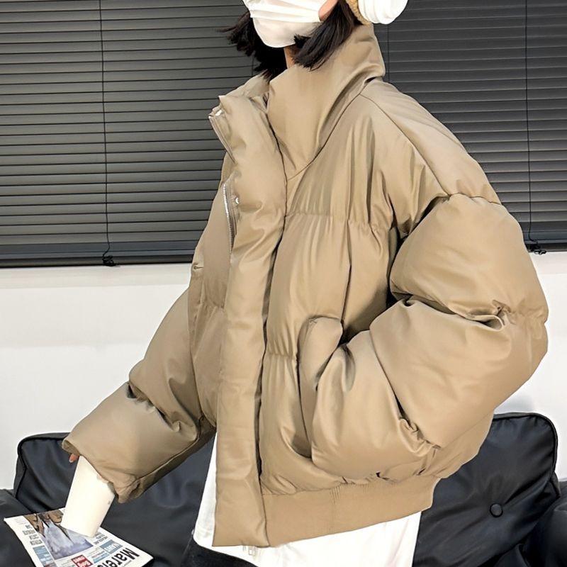 Winter Retro PU Leather Loose Short Cotton Coat Women's Stand-up Collar Thick Coat Cotton Coat