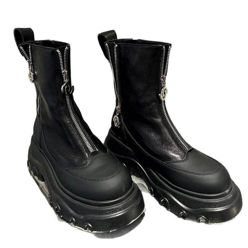 Fashion Size 34-40 Women Ankle Boots Real Leather Zipper Thick Mid Heels Shoes Fall 2025 Winter Platform Short Combat Booties