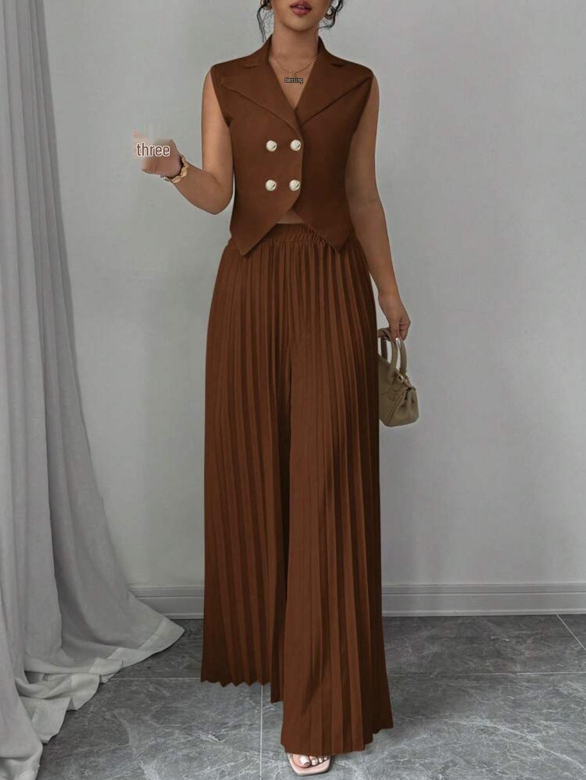 

Женский комплект из двух вещей в европейском и американском стиле, 2025: Жилет и плиссированная юбка брючный костюм Medium