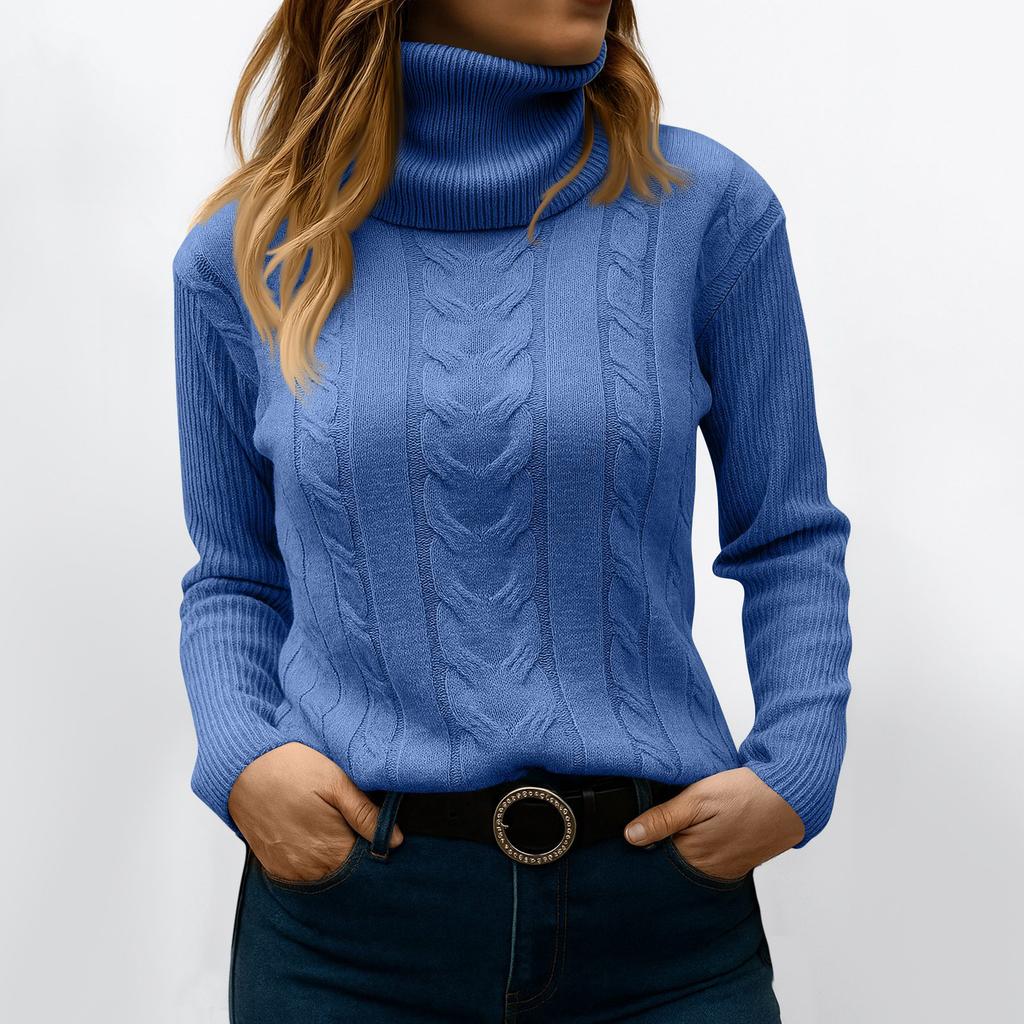 Women's Fashionable Solid Color High Neck Long Sleeved Sweater Pullover Sweater Top