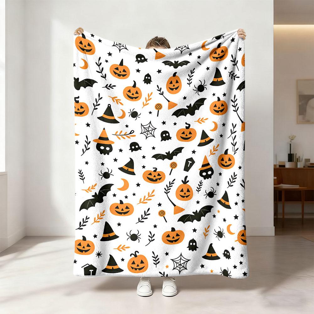 1pc Halloween pumpkin bat spider print flannel blanket, suitable for leisure sofas and naps during breaks at work.