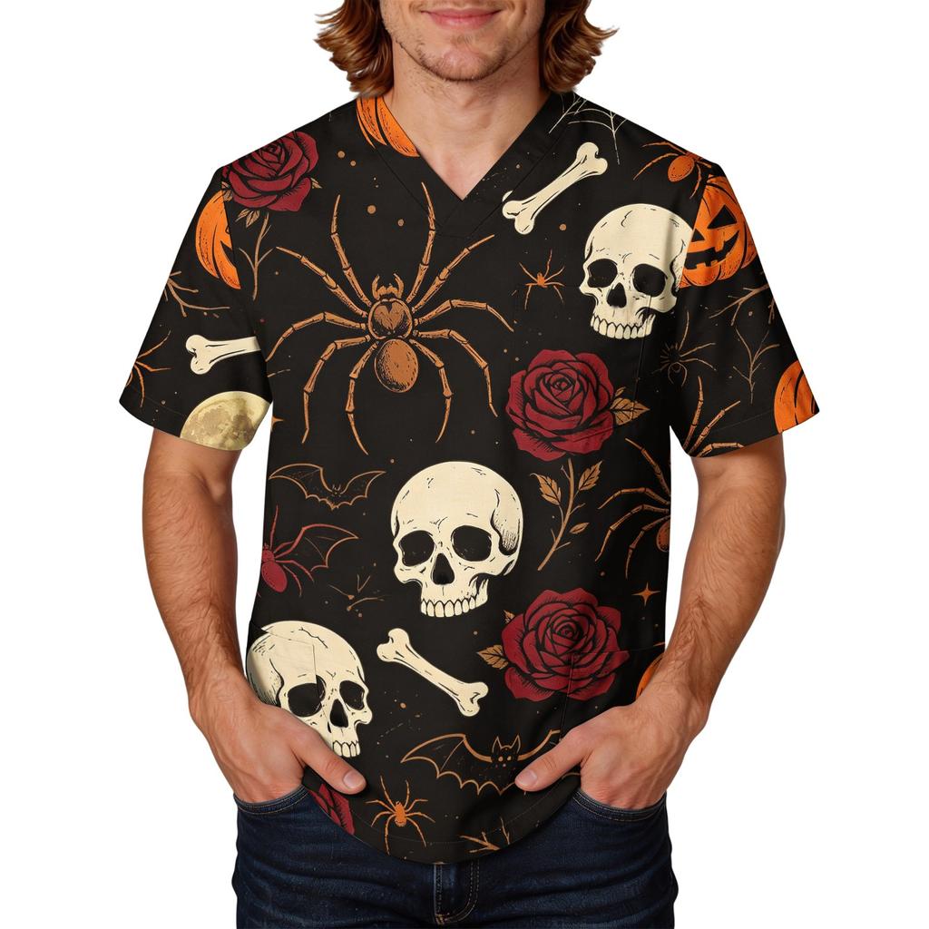 Pánský halloweenský potiskovaný V-výstřih s krátkým rukávem, zdravotnický top s kapsou, pro uniformu pečovatele, pracovní