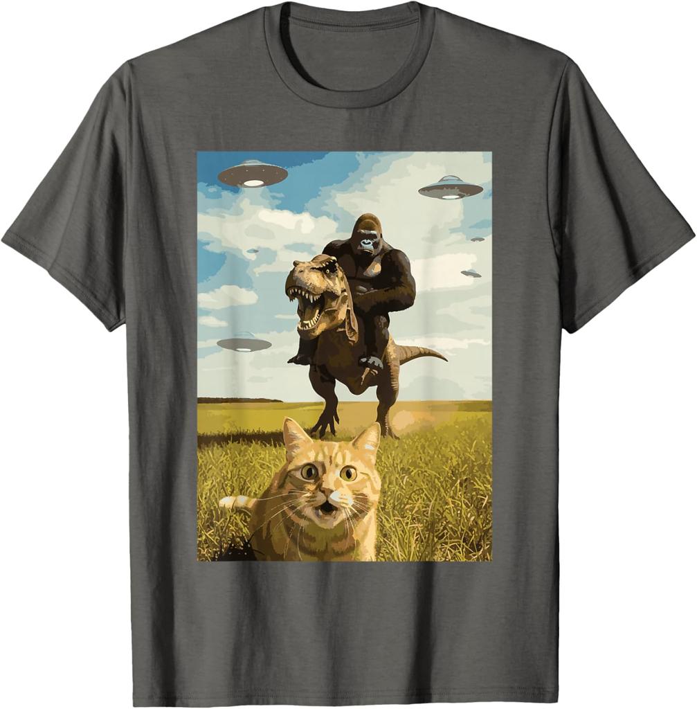 Gorilla Riding T Rex with Cat UFO Meme Graphic Tee Funny Casual Crewneck TShirt for Men